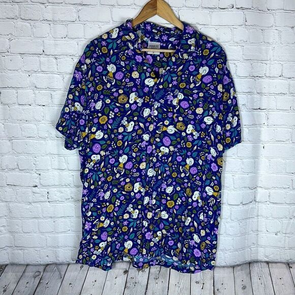 Peanuts Snoopy Floral Short Camp Hawaiian Blue Shirt Men’s Size XL - Picture 1 of 7